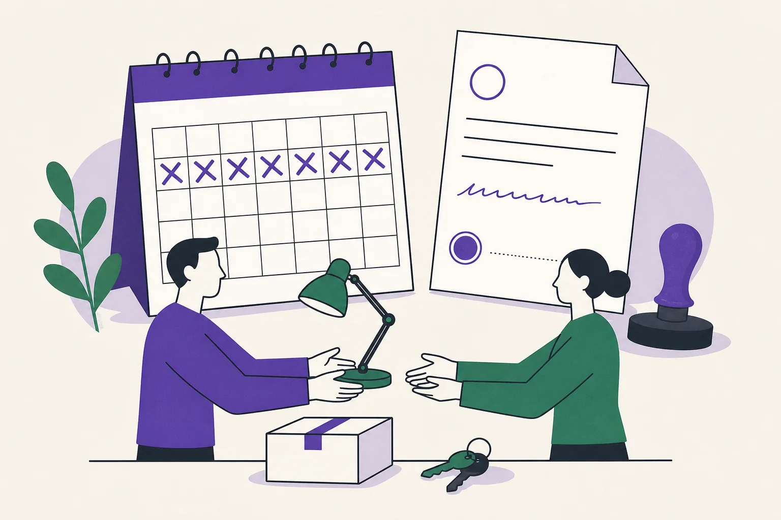 Illustration av en kalender med överstruken ångerfrist bredvid ett avtal där ett returvillkor är ifyllt för hand.