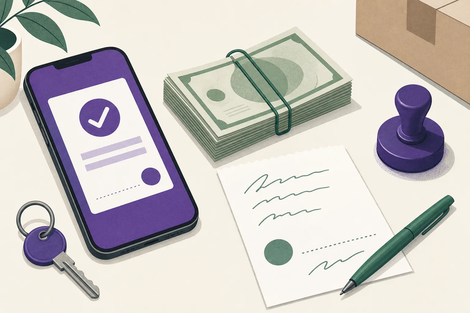 Illustration av en banköverföring som bekräftas på en telefon bredvid en räknad sedelbunt och ett handskrivet kvitto på ett bord.