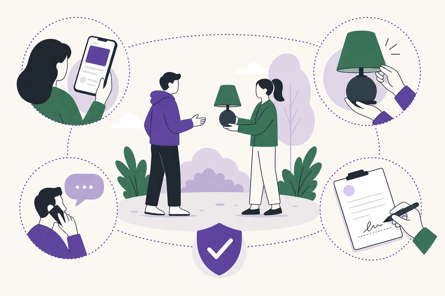 Illustration av en köpare som läser en annons på telefonen samtidigt som en vara undersöks vid ett möte.