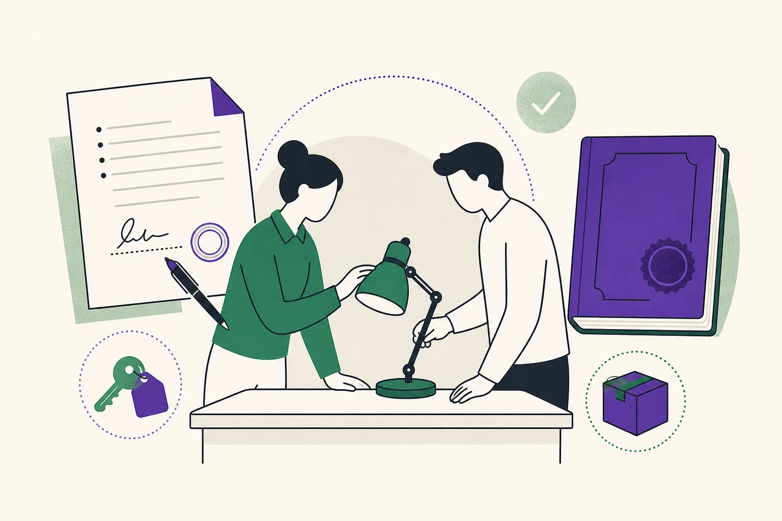 Illustration av två parter som går igenom en vara tillsammans med ett avtal och en lagbok bredvid sig.
