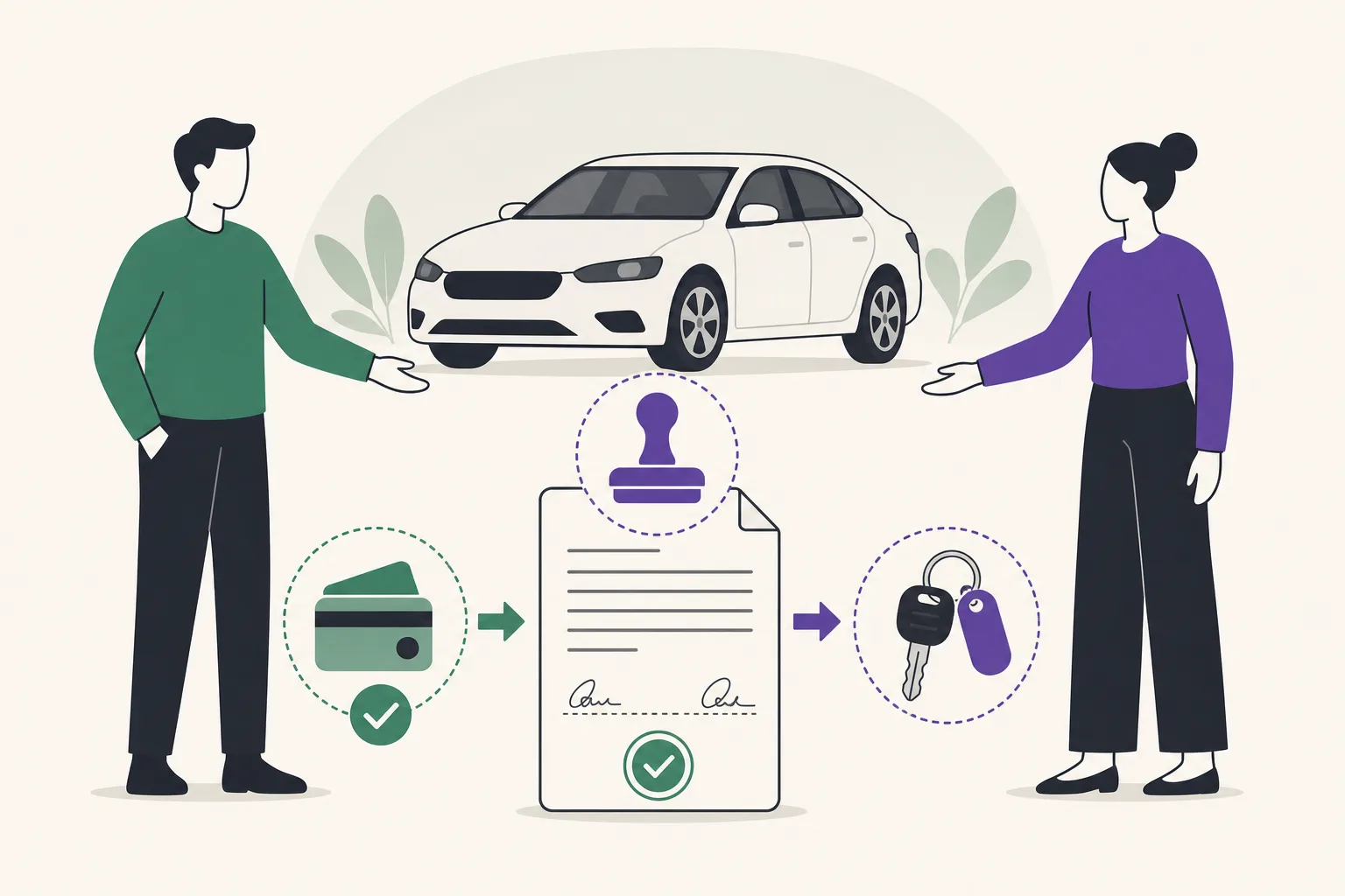 Illustration av två stiliserade personer vid en generisk bil som byter nycklar mot en betalning över ett avtalspapper.
