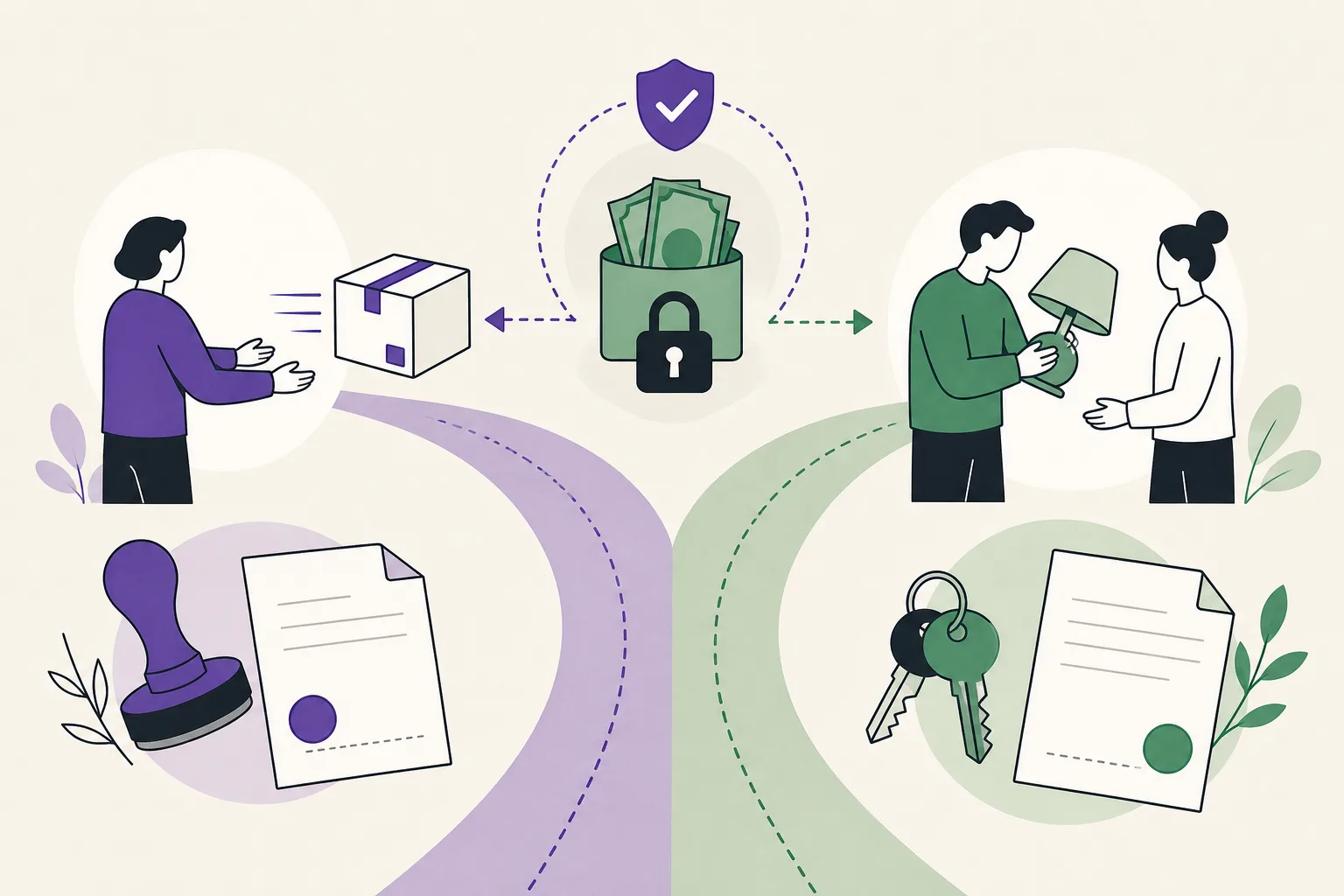 Stiliserad illustration av två vägar i samma privataffär: ett paket med betalningen kvar i mitten, och en överlämning där varan kontrolleras innan pengarna byter ägare.