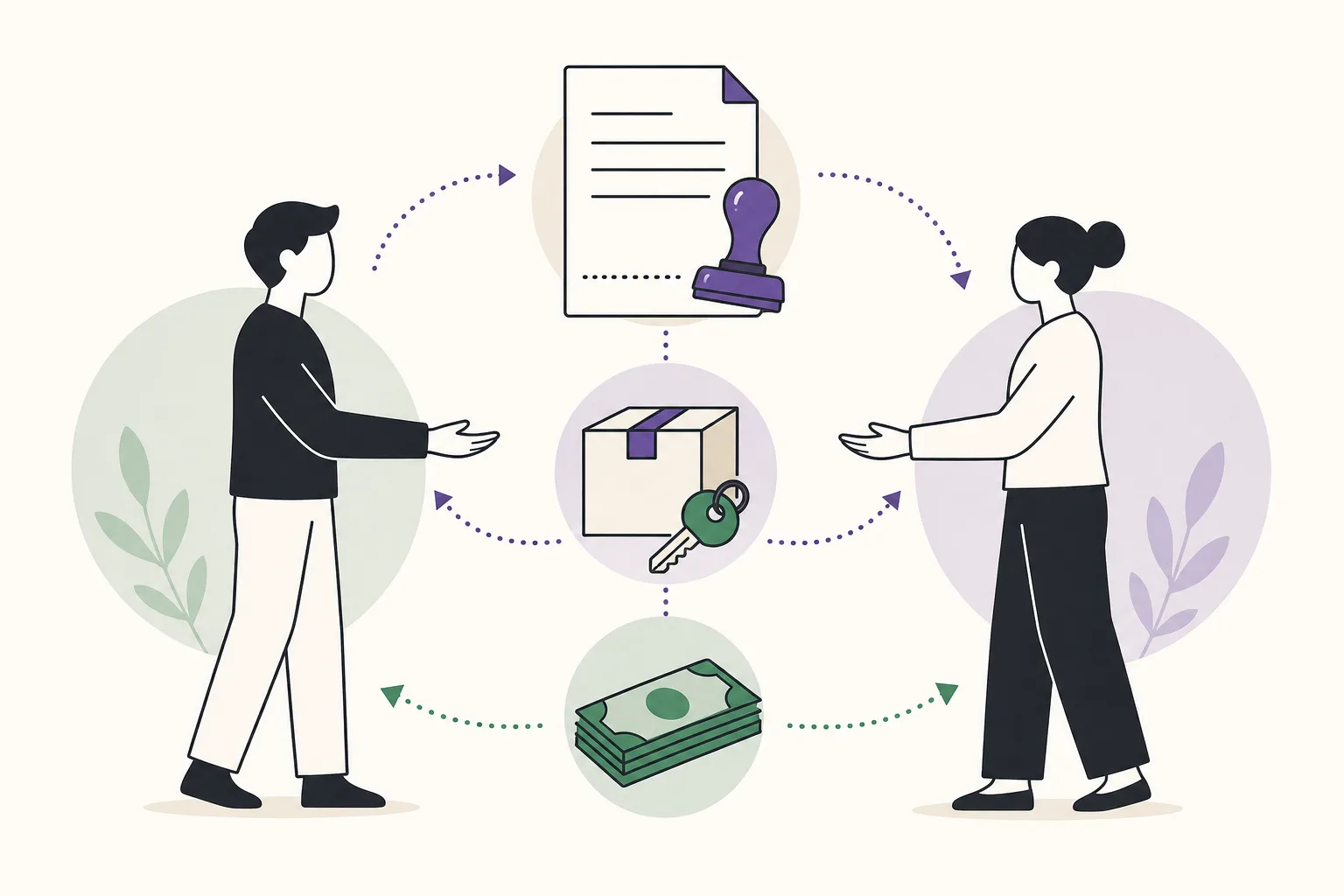 Illustration av två stiliserade personer som byter en generisk vara mot en betalning, med ett avtalspapper och en stämpel mellan sig.