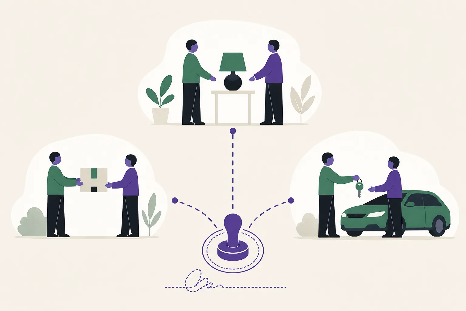 Illustration av en prickad linje som grenar sig i tre vägar: ett möte mellan två personer, ett paket och en större vara.