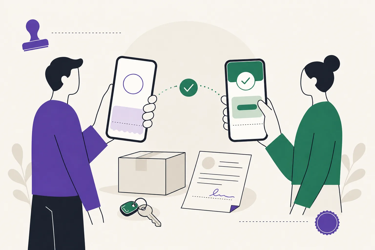 Illustration av en hand som håller en telefon med en betalningsskärm, bredvid en annan telefon som visar den egna bankappen.
