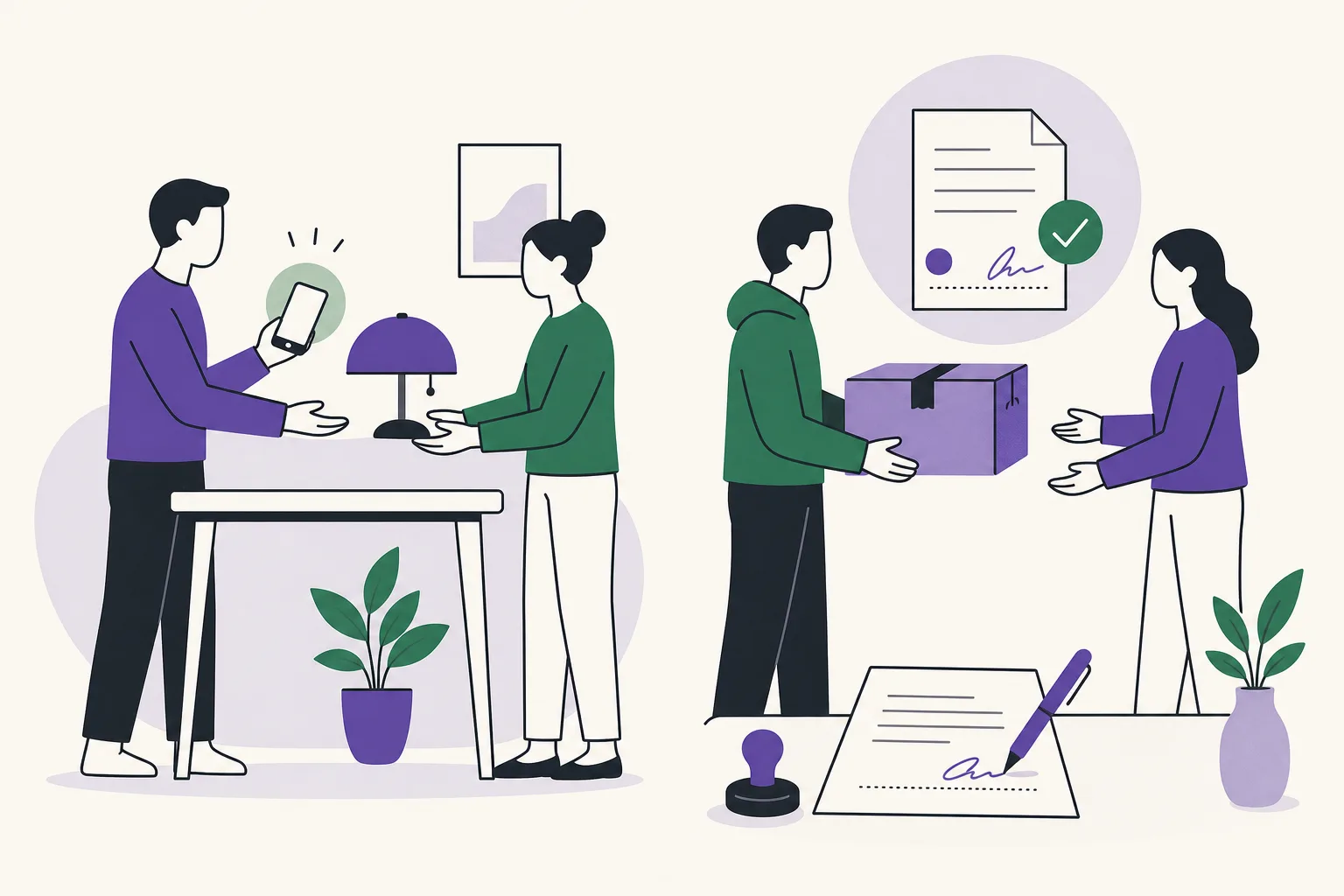 Illustration av två vägar vid en privataffär: betalning i mobilen när varan lämnas över, och en skriven överenskommelse när varan i stället ska skickas.
