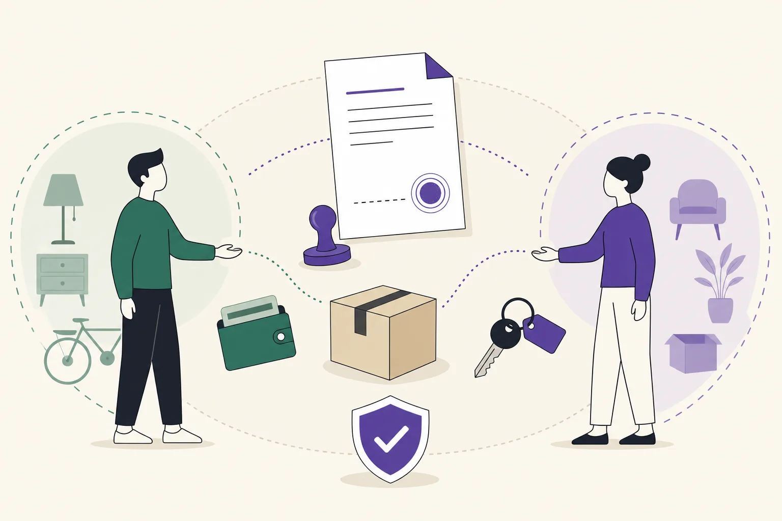 Stiliserad illustration av en privat affär på distans, där ett paket och ett avtalspapper ligger mellan köparen och säljaren.