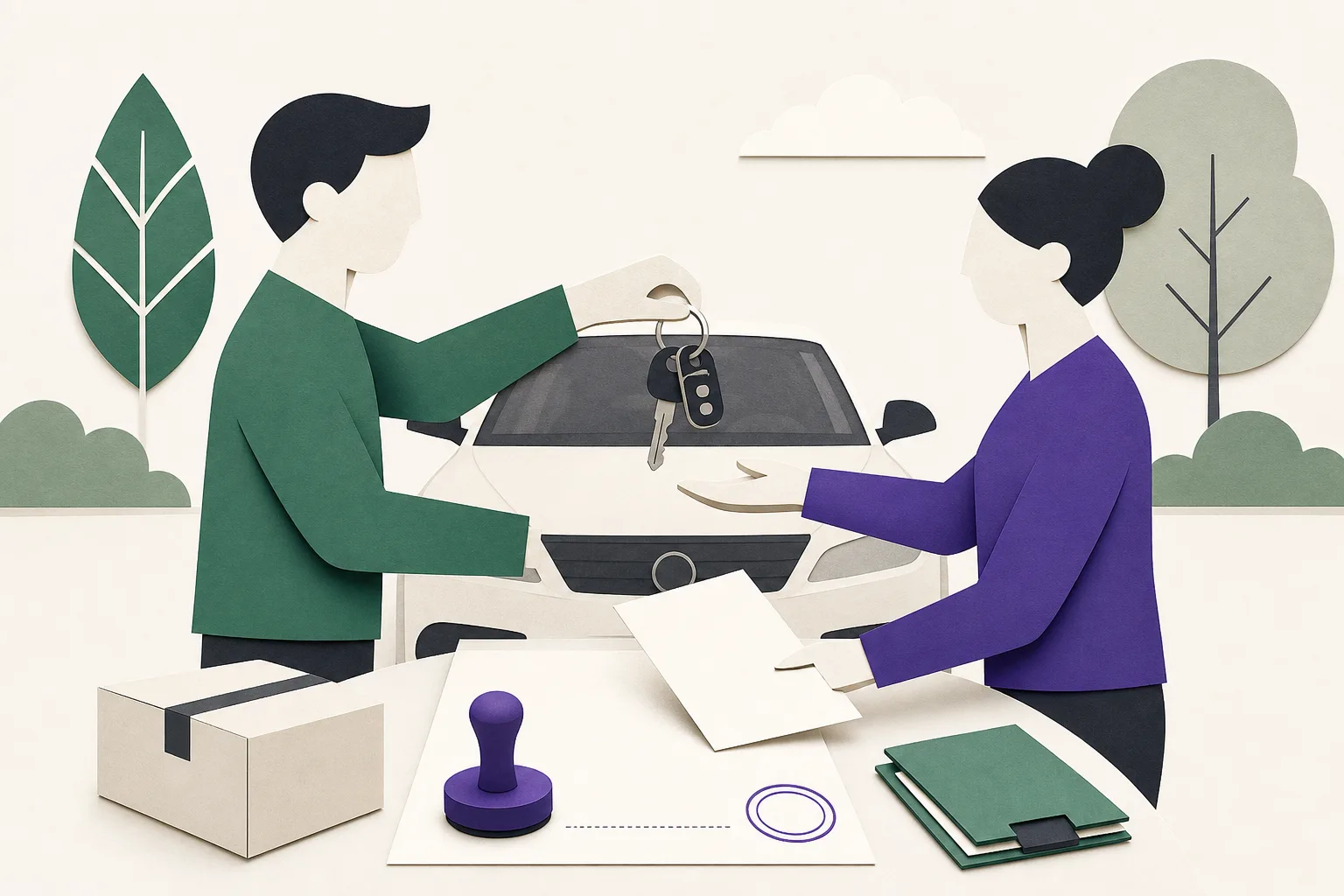 Illustration av två personer som möts vid en bil för att lämna över nycklar och skriva under ett köpeavtal på motorhuven.