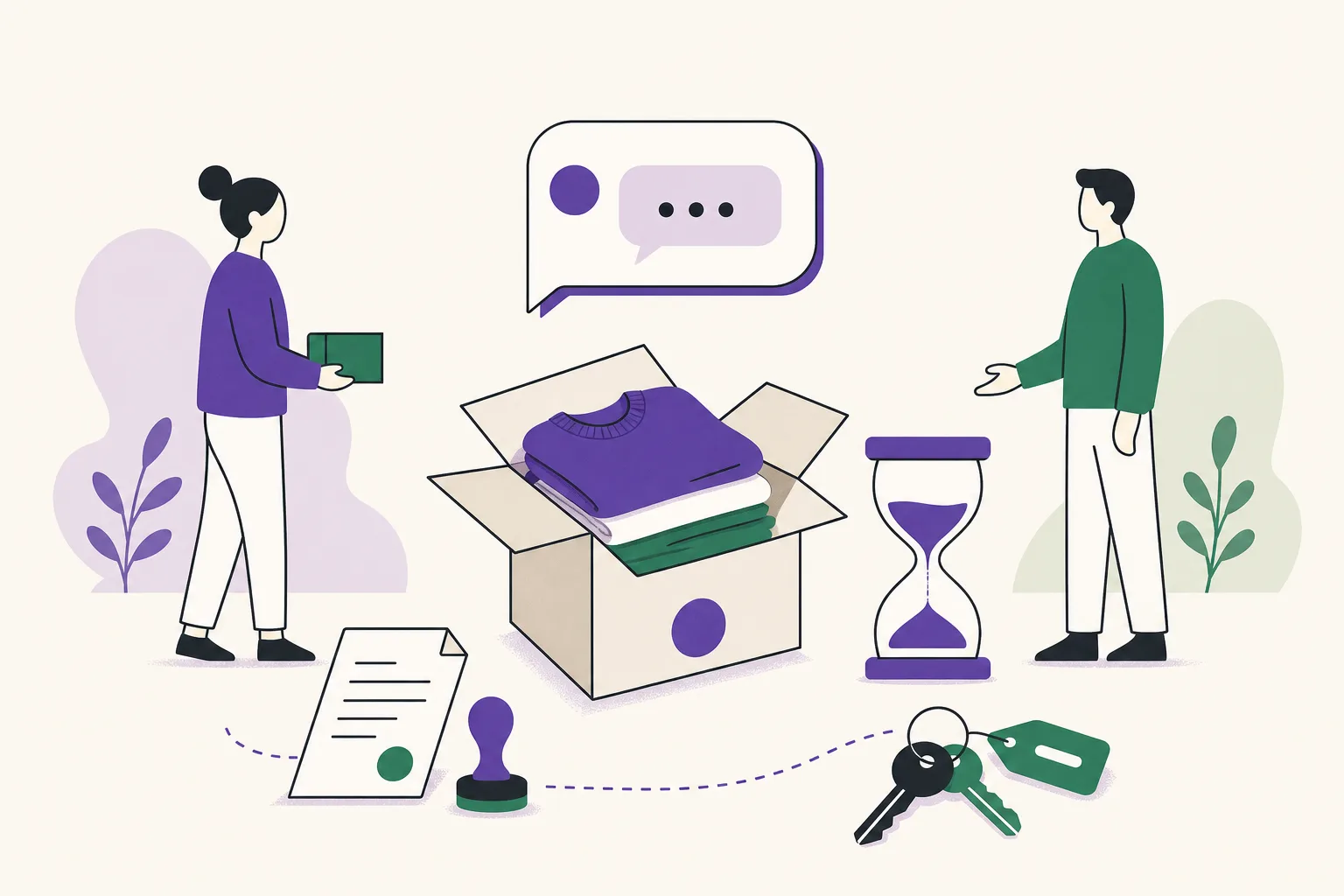 Illustration av ett öppnat klädpaket bredvid en chattbubbla och ett timglas.